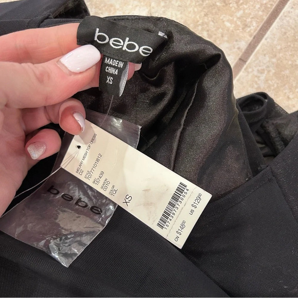 Bebe Melany Mesh Satin Stretch Turquoise Blue and Black Bodycon Pencil Dress XS - Picture 10 of 16